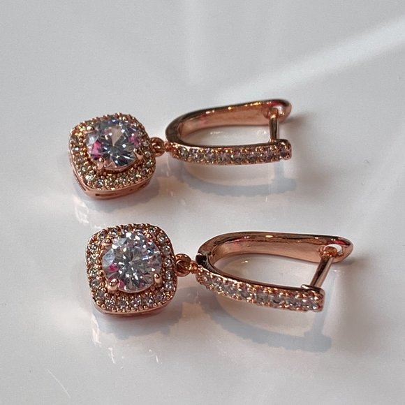 Rose Gold Cubic Zirconia Square Drop Earrings - Picture 8 of 10